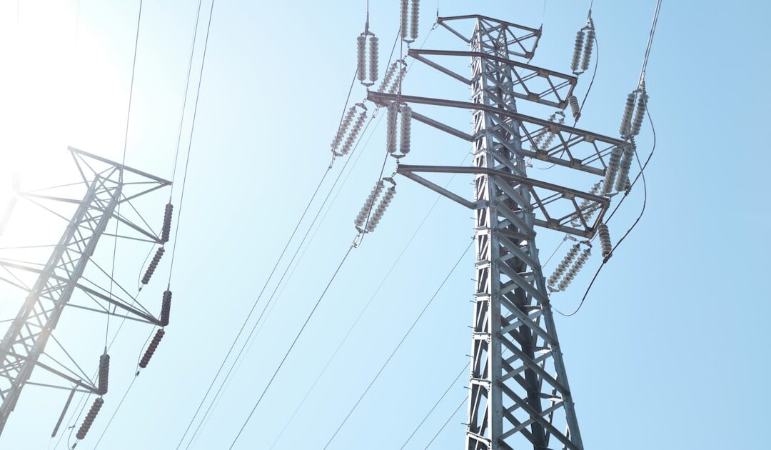 A transmission pylon seen from directly below